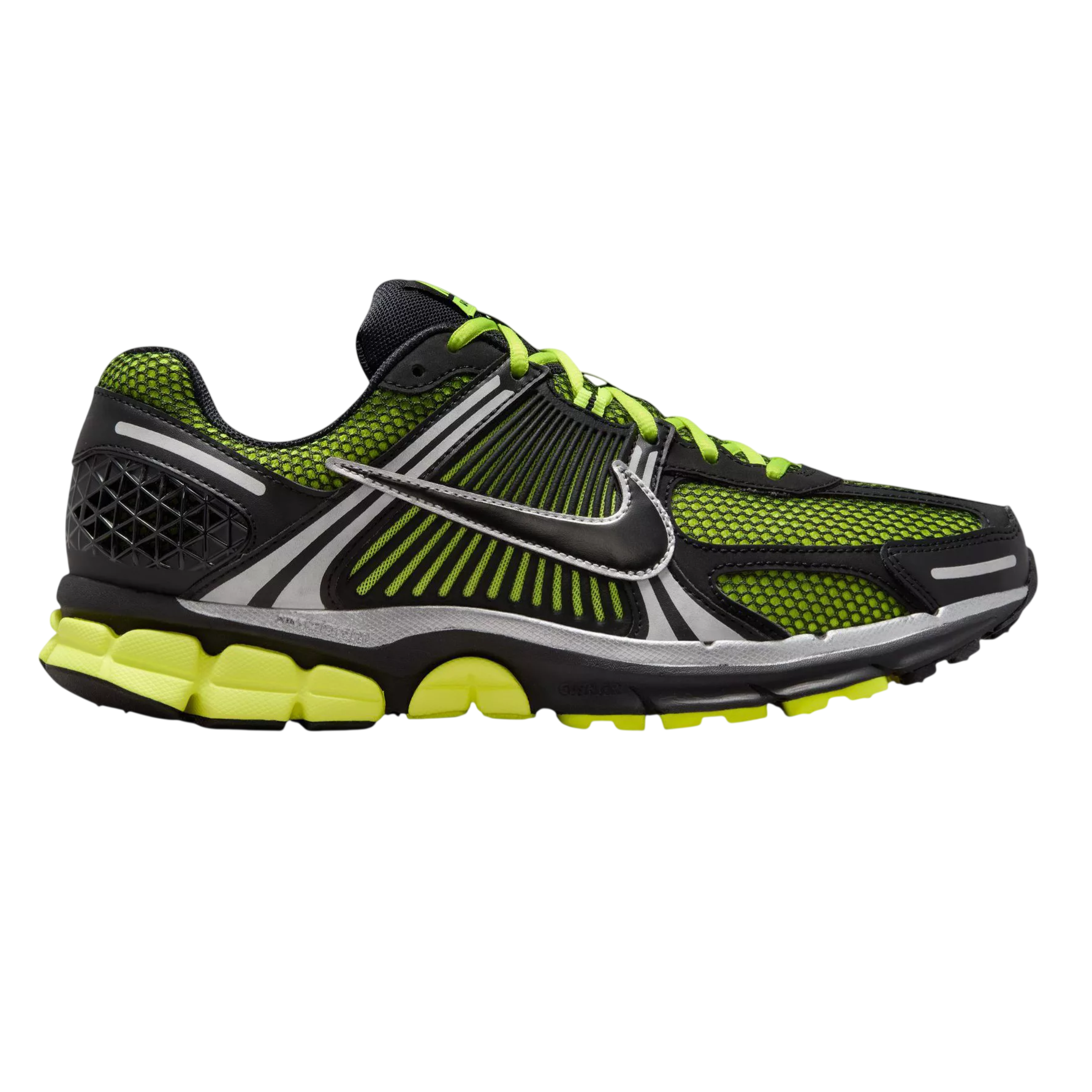 A Nike running shoe featuring a black and neon green color scheme with mesh panels, a prominent swoosh logo, and a textured, cushioned sole for support.