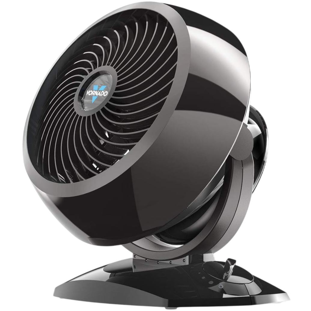 A Vornado air circulator fan featuring a sleek black design with a round, tiltable head and a control dial on the base.