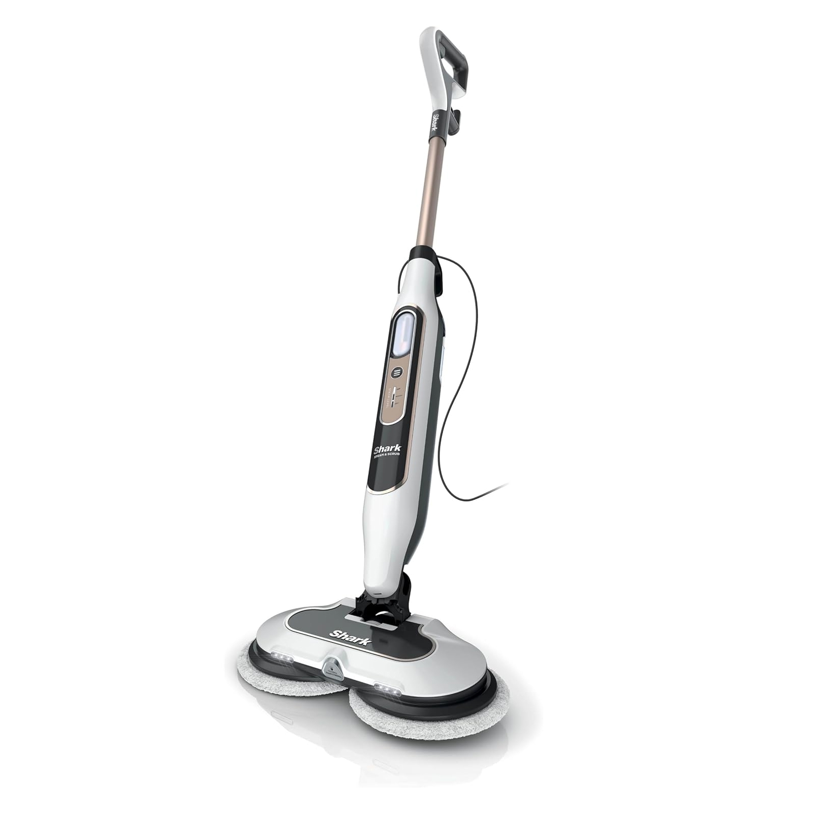 Shark Steam & Scrub Steam Mop, featuring a sleek design with dual spinning pads for effective cleaning on hard floors, a steam control button, and a handle with ergonomic grip.