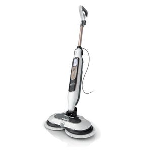 Shark Steam & Scrub Steam Mop, featuring a sleek design with dual spinning pads for effective cleaning on hard floors, a steam control button, and a handle with ergonomic grip.