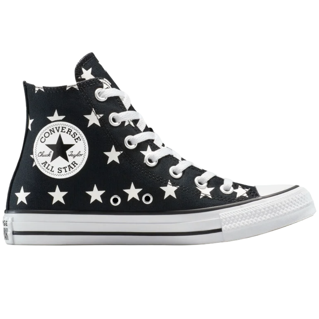 A black Converse Chuck Taylor All Star high-top sneaker featuring a white star pattern, white laces, and a rubber sole with a classic logo on the side.