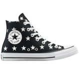 A black Converse Chuck Taylor All Star high-top sneaker featuring a white star pattern, white laces, and a rubber sole with a classic logo on the side.