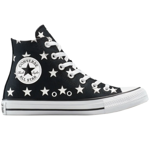 A black Converse Chuck Taylor All Star high-top sneaker featuring a white star pattern, white laces, and a rubber sole with a classic logo on the side.