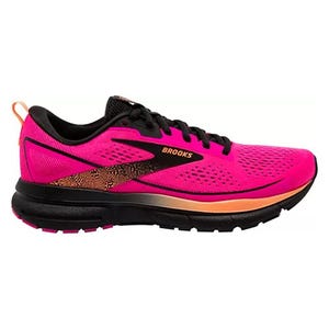 A single bright pink running shoe with black accents and the Brooks brand logo.