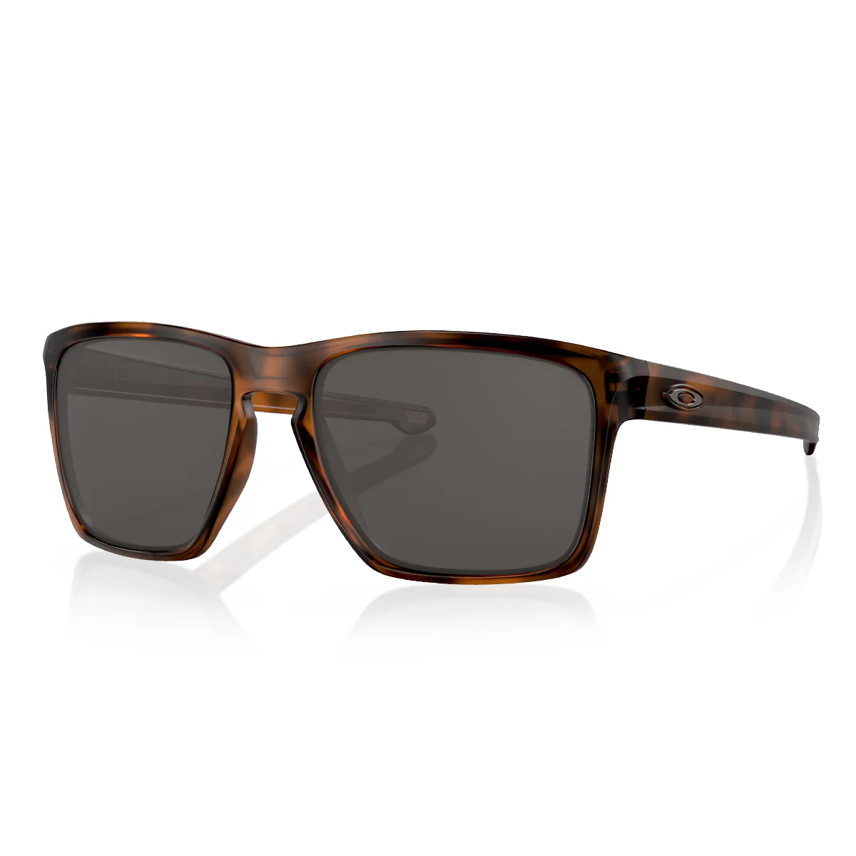 Tortoise shell sunglasses with dark rectangular lenses and a small logo on the arm.