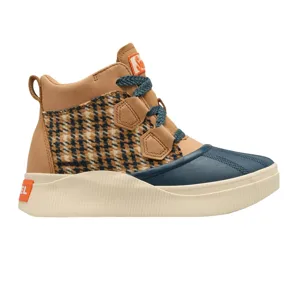 High-top sneaker featuring a houndstooth pattern, tan suede elements, and a blue leather toe cap, with a beige rubber sole and blue laces.