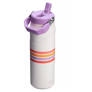 A white insulated water bottle features a handle and flip straw lid in purple, with orange and pink stripes around its body.