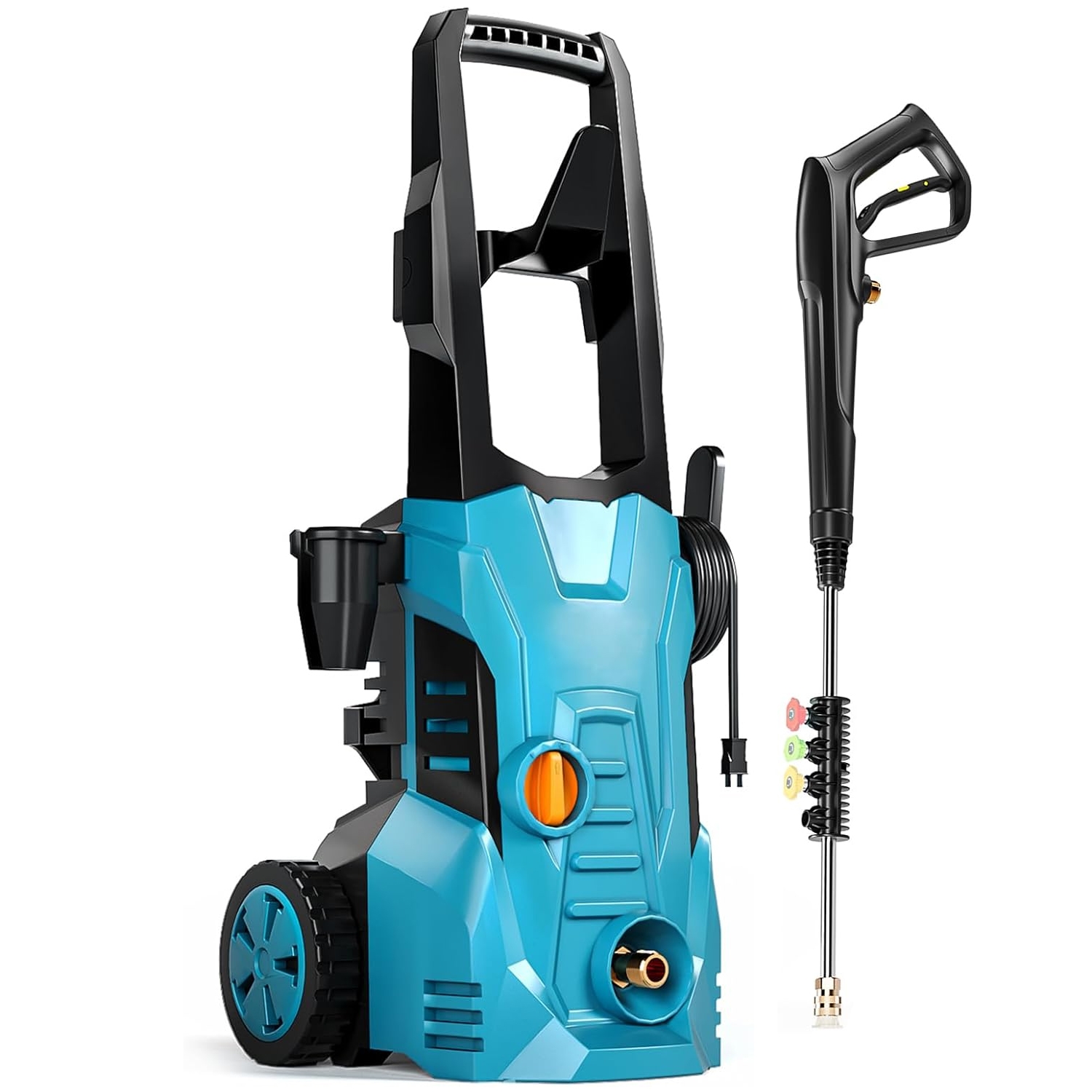 A blue and black pressure washer with large wheels, a spray gun, and an adjustable lance with multiple nozzle attachments.