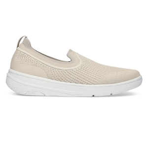 A beige slip-on shoe with a knit upper and white sole, featuring a pull tab at the heel for easy wear.