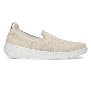 A beige slip-on shoe with a knit upper and white sole, featuring a pull tab at the heel for easy wear.