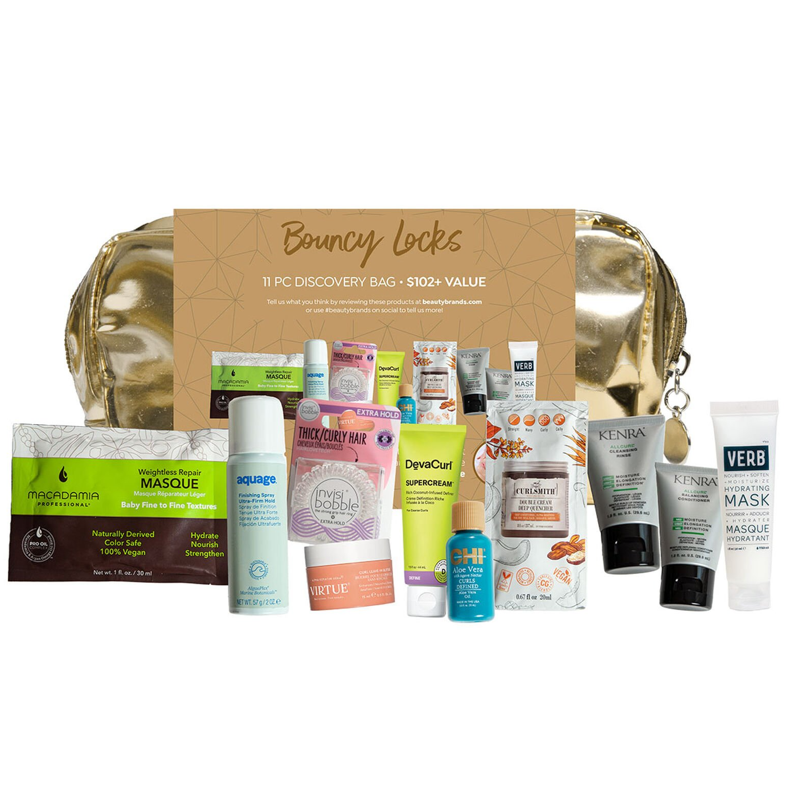 Bouncy Locks 11pc Discovery Bag includes haircare items like macadamia mask, Aquage spray, DevaCurl cream, Curlsmith serum, Chi Aloe Vita oil, Virtue shampoo, Verb mask, and Kenra products, all in a gold bag.