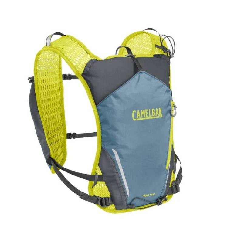 A blue and gray Camelbak hydration backpack with yellow accents.