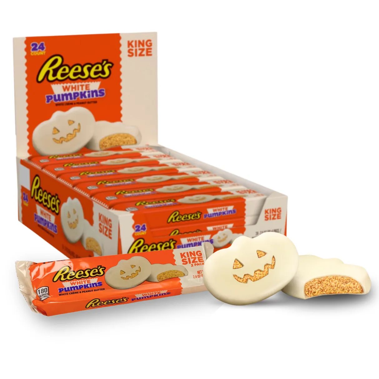 Reese's White Pumpkins featuring white creme and peanut butter are displayed in a 24-count king size pack. The packaging is themed for Halloween with a jack-o'-lantern design.
