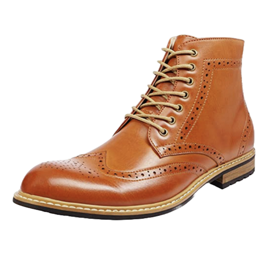 A tan leather brogue-style ankle boot featuring perforated detailing, lace-up closure, and a contrasting sole.