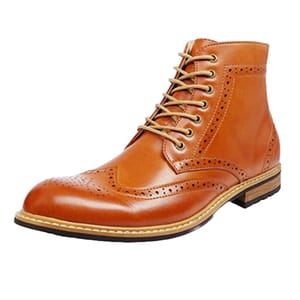 A tan leather brogue-style ankle boot featuring perforated detailing, lace-up closure, and a contrasting sole.