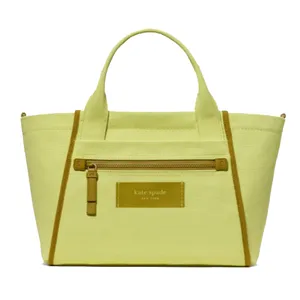 Yellow Kate Spade tote bag with a front zipper pocket, featuring brown accents and two handles.