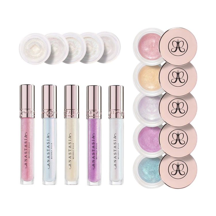 A collection of Anastasia Beverly Hills cosmetics includes five lip glosses in transparent tubes and five shimmering powders in small pots with pink lids displaying the ABH logo. Each item features pastel and iridescent shades.