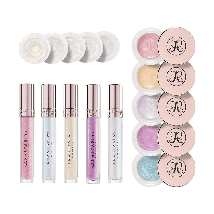 A collection of Anastasia Beverly Hills cosmetics includes five lip glosses in transparent tubes and five shimmering powders in small pots with pink lids displaying the ABH logo. Each item features pastel and iridescent shades.