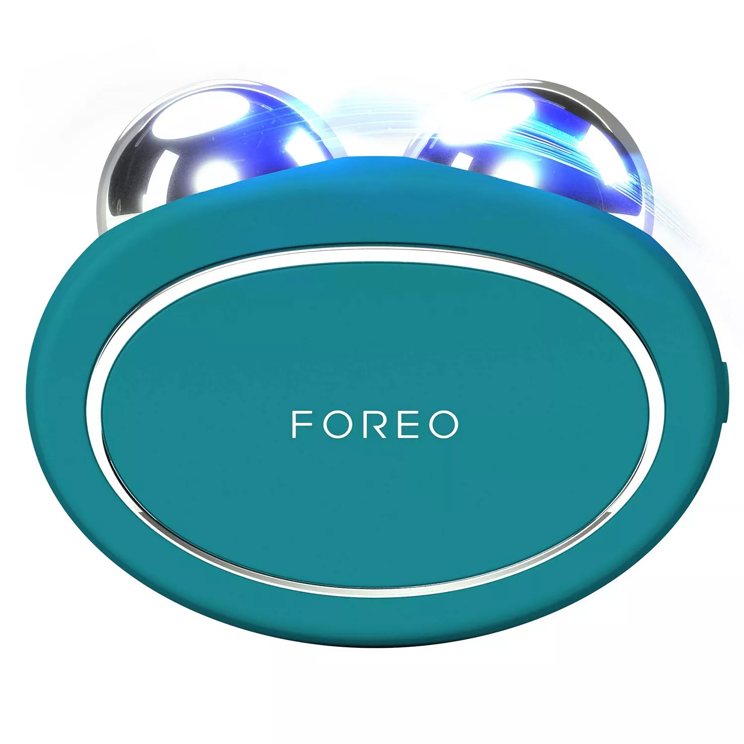 A teal FOREO facial device with two metallic spheres on top, designed for skincare treatment.