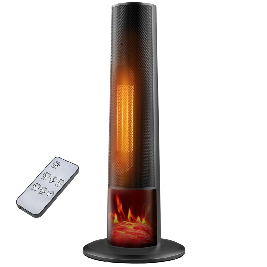 A tall tower heater with a simulated flame effect at the base, accompanied by a remote control featuring buttons for power, heat, flame, temperature, swing, and timer functions.