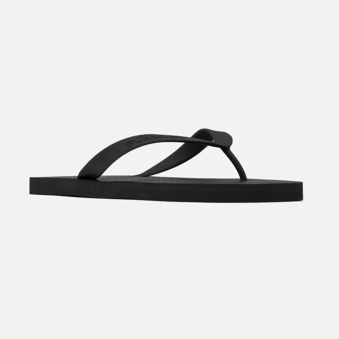 A single black flip-flop with a thong strap.