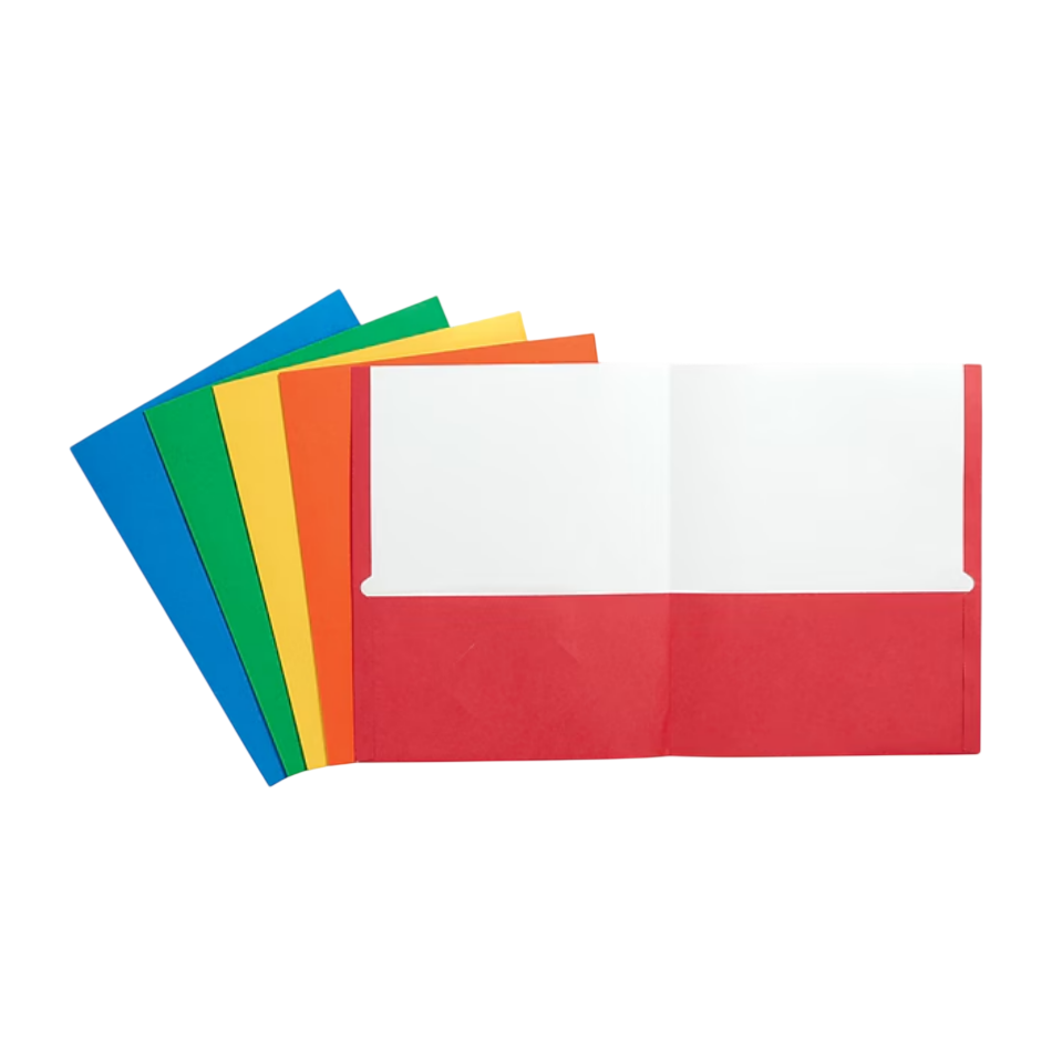 Colorful pocket folders in red, orange, yellow, green, and blue, with an open red folder showing interior pockets for organizing documents.