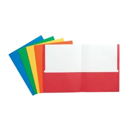 Colorful pocket folders in red, orange, yellow, green, and blue, with an open red folder showing interior pockets for organizing documents.