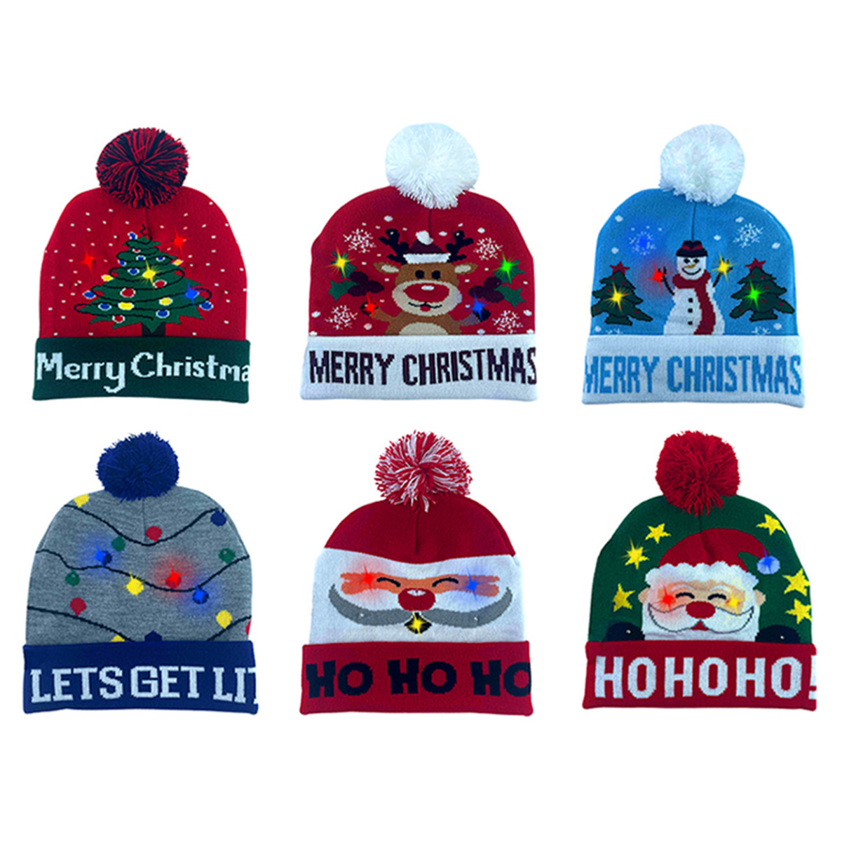 A collection of six festive Christmas beanies featuring designs of a Christmas tree, reindeer, snowman, string lights, and Santa Claus, each with colorful pom-poms and holiday messages like \“Merry Christmas,\“ \“Let's Get Lit,\“ and \“Ho Ho Ho.\“
