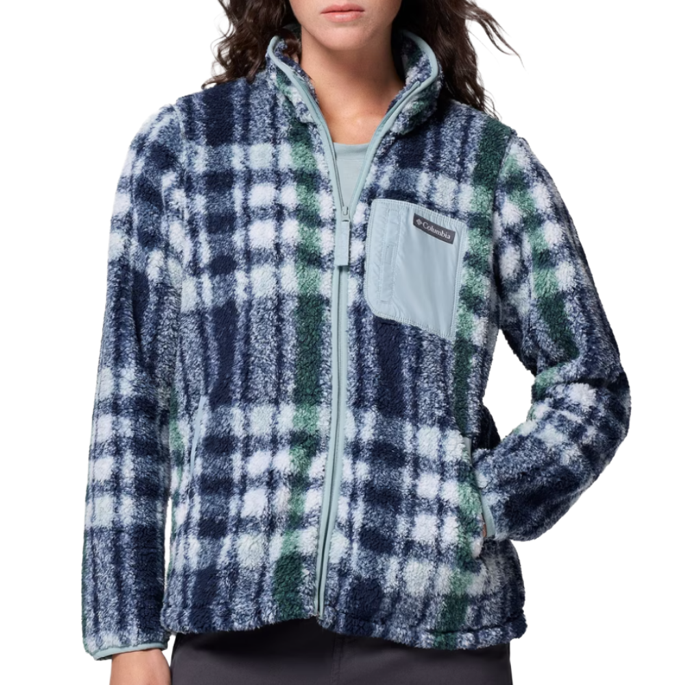 Plaid fleece jacket with a high collar, a front zipper, and a light blue chest pocket featuring the Columbia logo.