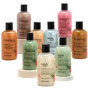 Various Philosophy shower gels in fragrances like peppermint stick, gingerbread, snow angel, and more. Each bottle is 240 ml (8 fl. oz.).