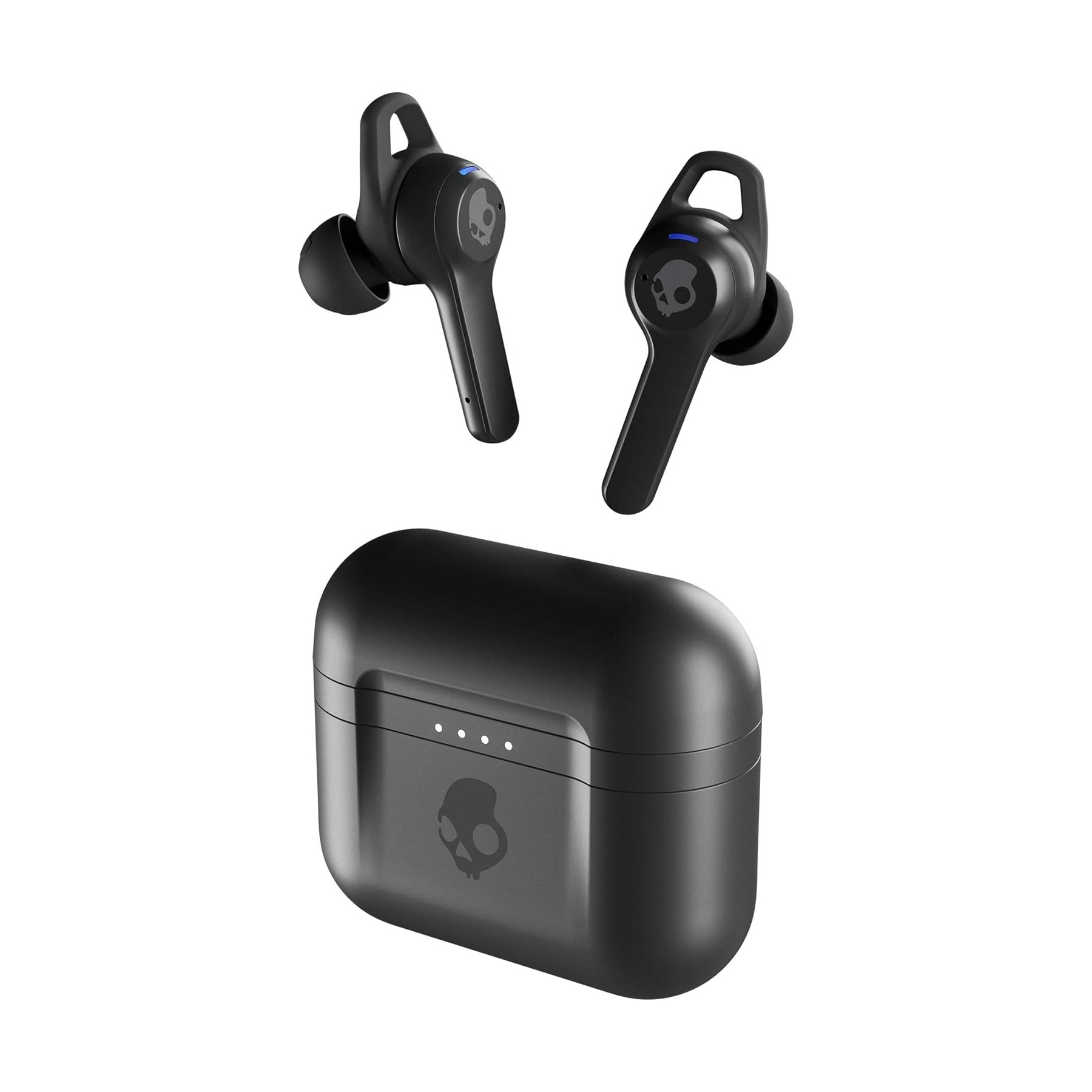 Skullcandy Indy ANC Earbuds are black true wireless earbuds with active noise cancellation. They include a charging case featuring the Skullcandy logo, and have a sleek, elongated design with silicone ear tips for a secure fit.