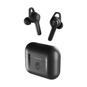Skullcandy Indy ANC Earbuds are black true wireless earbuds with active noise cancellation. They include a charging case featuring the Skullcandy logo, and have a sleek, elongated design with silicone ear tips for a secure fit.
