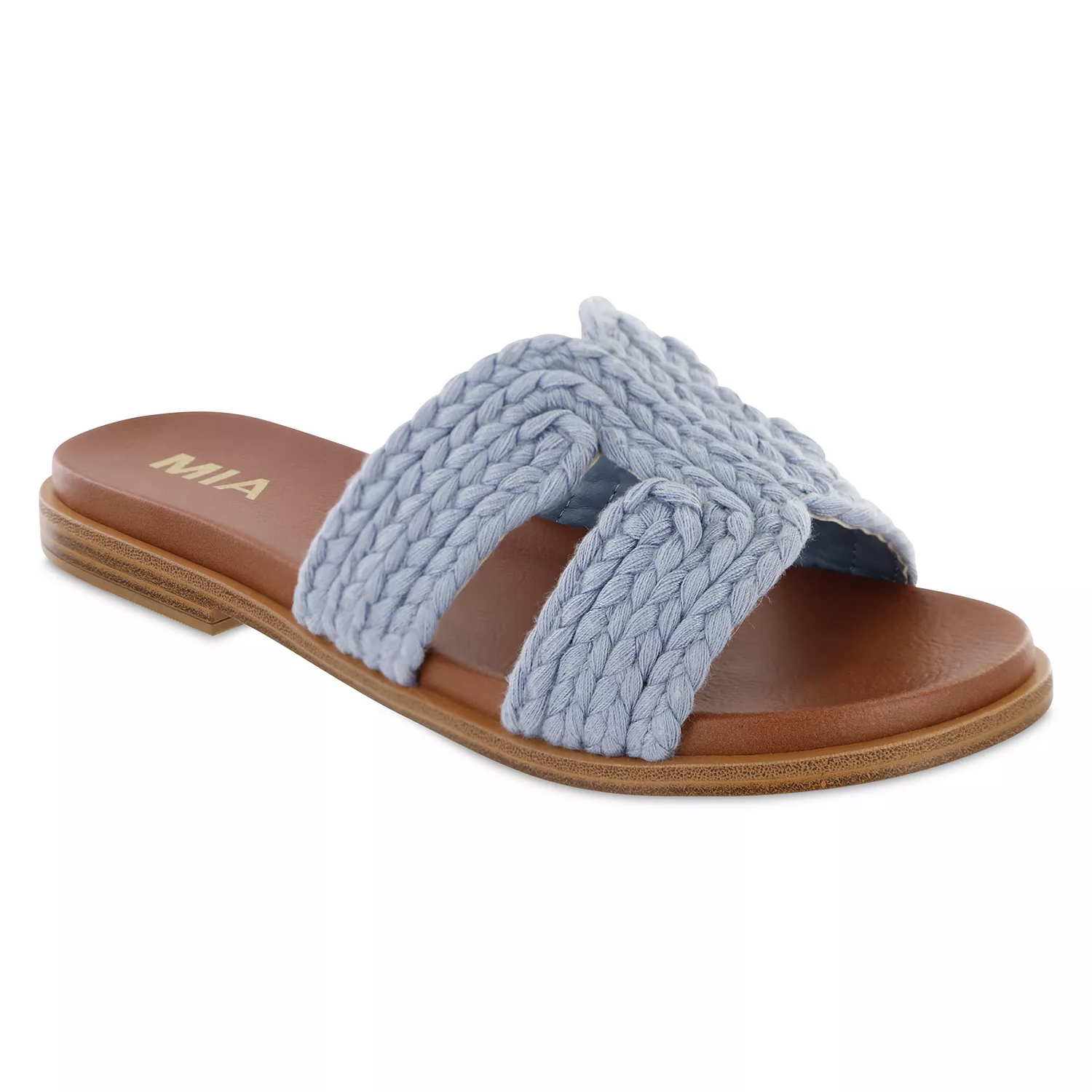 A light blue, knitted strap slide sandal with a brown flat sole and \“MIA\“ branding on the insole.