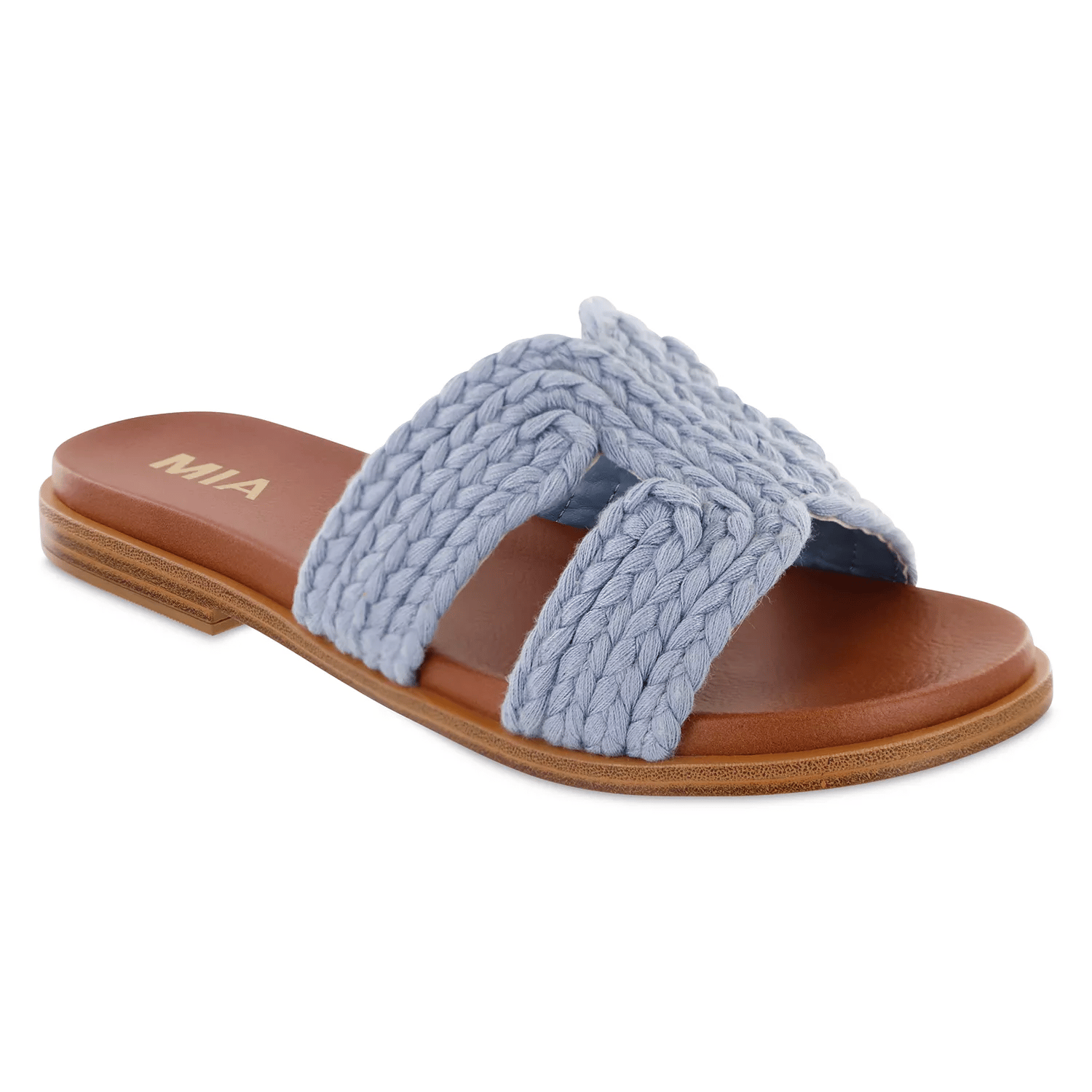 A light blue, knitted strap slide sandal with a brown flat sole and \“MIA\“ branding on the insole.