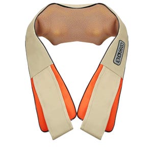 A beige and orange heated neck and shoulder massager with a mesh padding and control panel, designed to fit around the neck and shoulders for targeted relief.