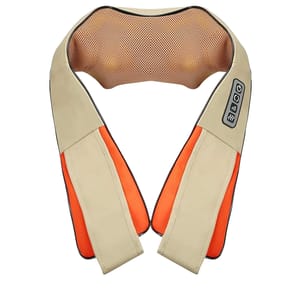 A beige and orange heated neck and shoulder massager with a mesh padding and control panel, designed to fit around the neck and shoulders for targeted relief.