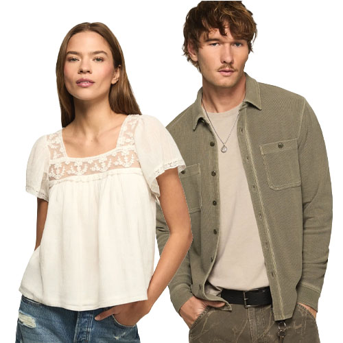 A woman is wearing a white lace-trimmed blouse with short sleeves alongside a man in a khaki button-up shirt over a beige t-shirt and patterned pants.