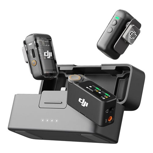 DJI wireless microphone system including two transmitters, a receiver, and a charging case.