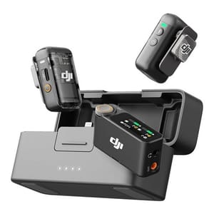 DJI wireless microphone system including two transmitters, a receiver, and a charging case.