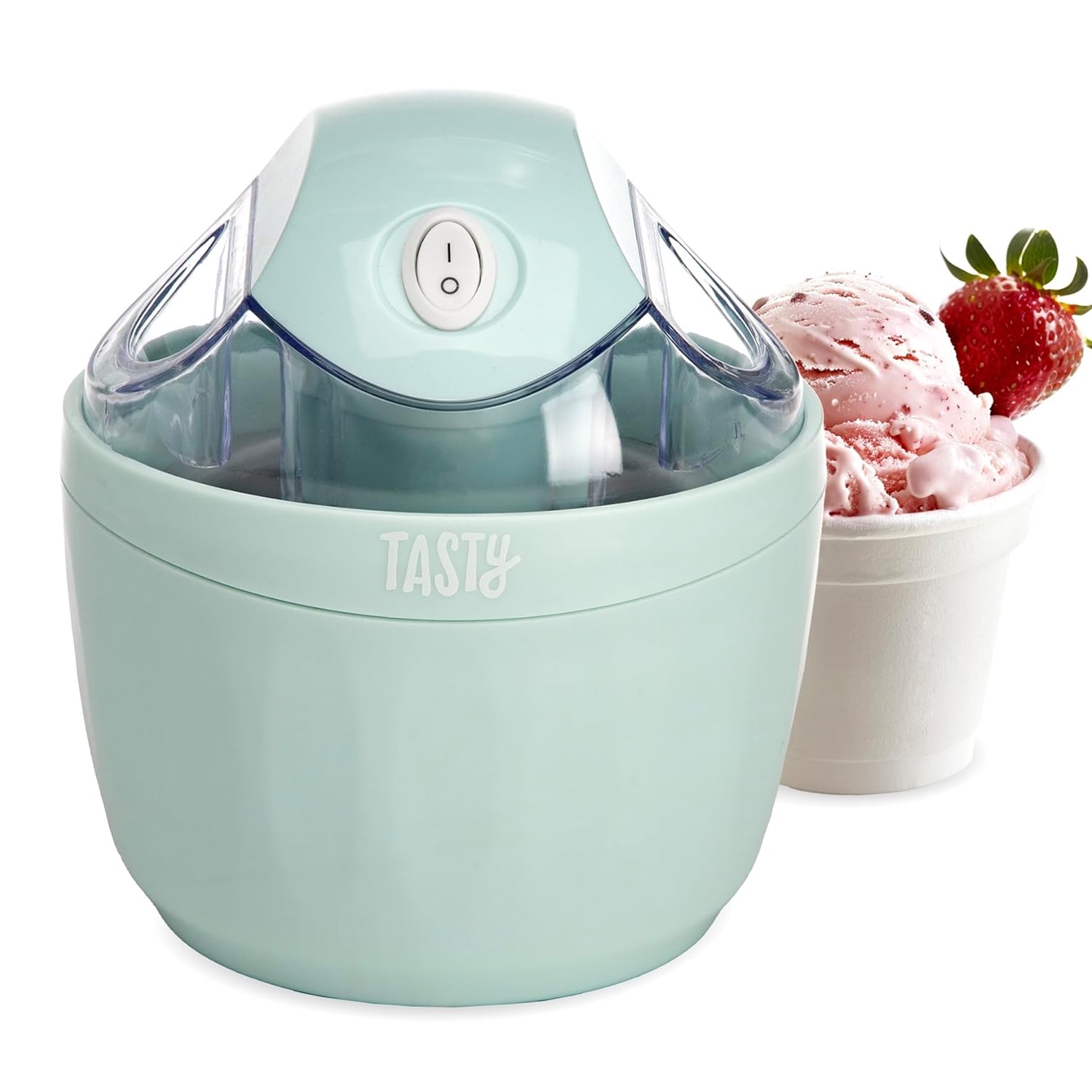 A light blue ice cream maker with an on/off switch, labeled \“Tasty,\“ is shown alongside a cup of strawberry ice cream with a fresh strawberry garnish.
