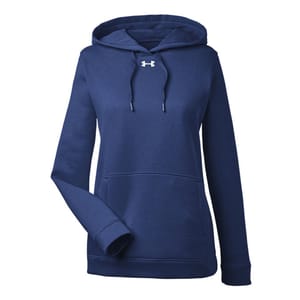 The Under Armour Women's Hustle Hoodie is a navy blue hooded sweatshirt with a front kangaroo pocket, adjustable drawstrings, and a small Under Armour logo on the chest.