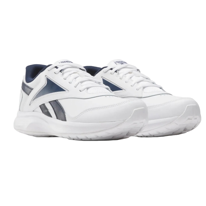 White and navy blue athletic sneakers with a low-top design, featuring laces and a cushioned sole for comfort and support.