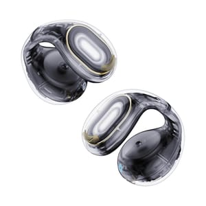 Soundcore Open-Ear Clip Earbuds feature a transparent design with large, oval sound chambers and an innovative clip-on style for secure wear, enabling open-ear listening without covering the ear canal.