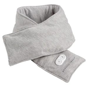 A gray, fabric heated neck wrap with sewn-in controls for adjusting heat and vibration settings, designed for comfort and relaxation.