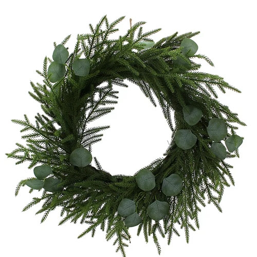 A decorative wreath made of lush, green fir branches and round eucalyptus leaves.