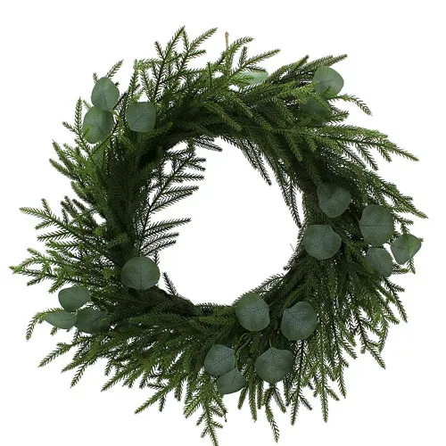 A decorative wreath made of lush, green fir branches and round eucalyptus leaves.