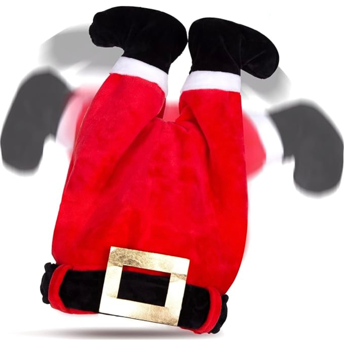 Santa-themed hat with a red base, black boots, and a gold belt buckle, designed to mimic Santa's legs sticking out upside down, simulating dancing or movement.