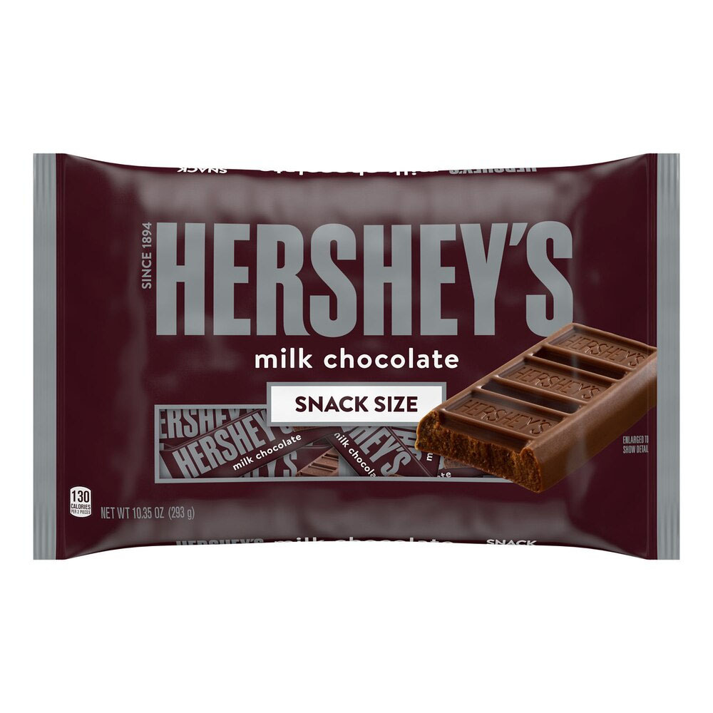 Hershey's Milk Chocolate Snack Size Bars in a 10.35 oz (293 g) package, featuring individually wrapped snack-sized pieces of classic milk chocolate.