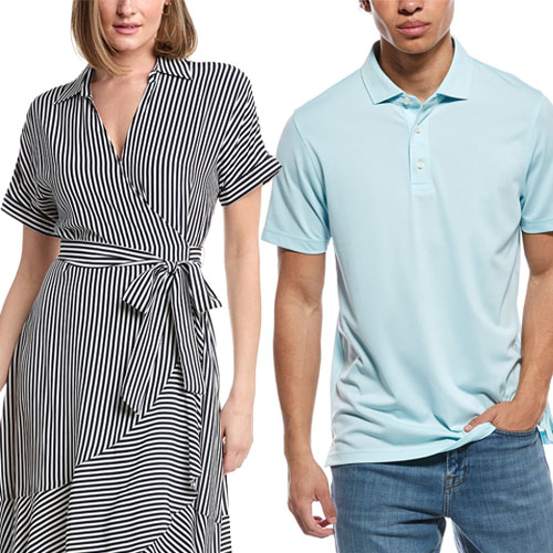 A striped wrap dress and a light blue polo shirt are displayed, each worn by a model.