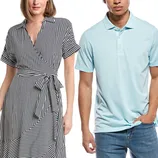 A striped wrap dress and a light blue polo shirt are displayed, each worn by a model.